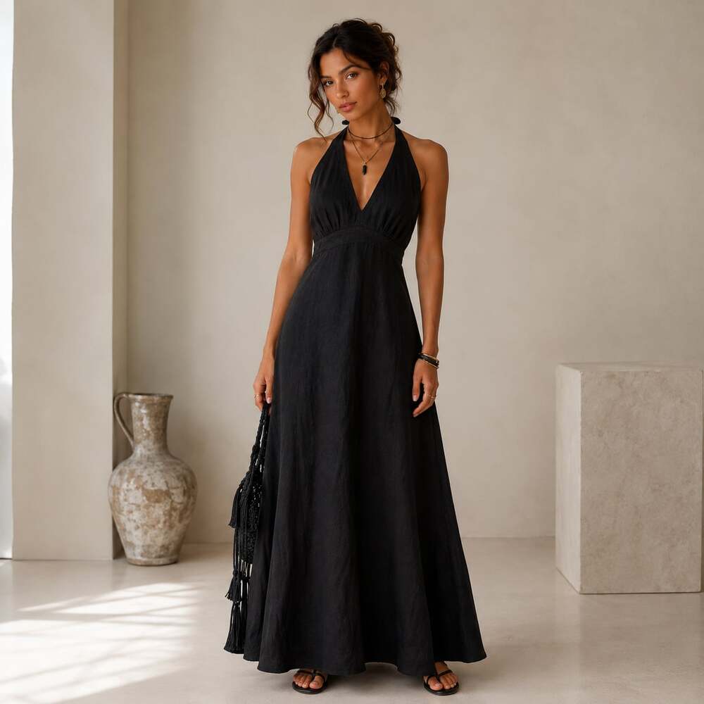 Becky & Max 100% Linen Black Halter Midi Dress Coastal Witchy Goth Minimalist